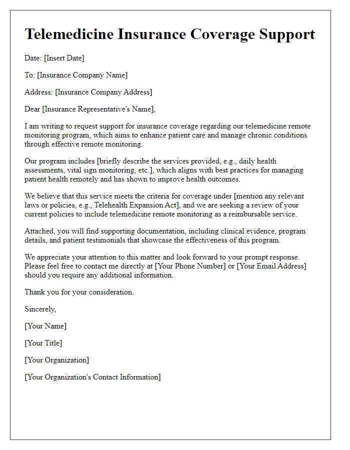 Letter template of telemedicine insurance coverage support for remote monitoring programs.