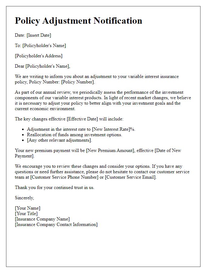 Letter template of variable interest insurance policy adjustment