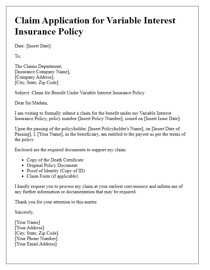 Letter template of variable interest insurance policy benefit claim