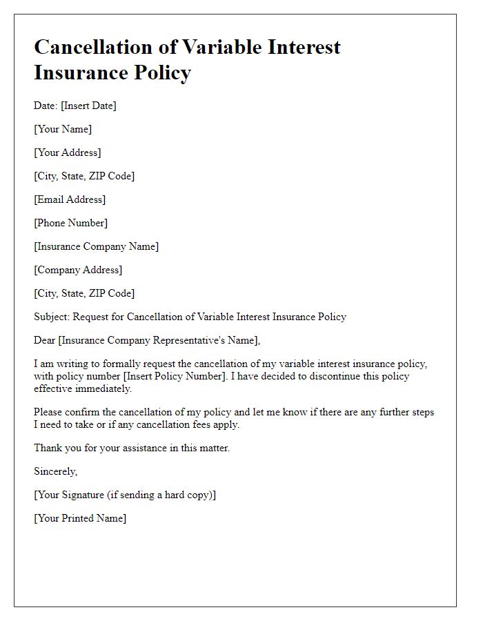 Letter template of variable interest insurance policy cancellation