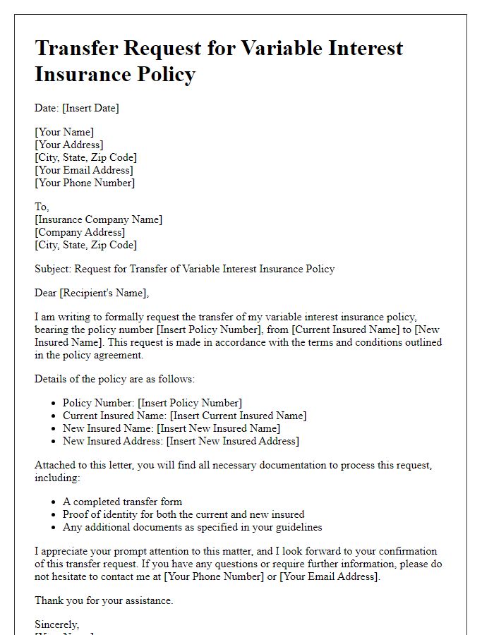 Letter template of variable interest insurance policy transfer request