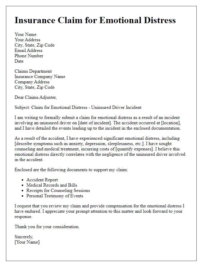 Letter template of uninsured driver insurance claim for emotional distress.