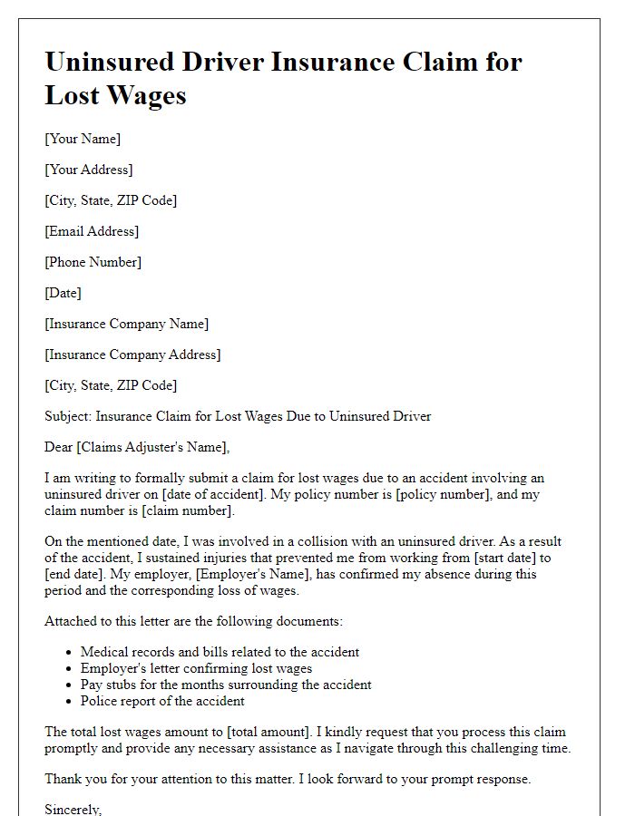 Letter template of uninsured driver insurance claim for lost wages.