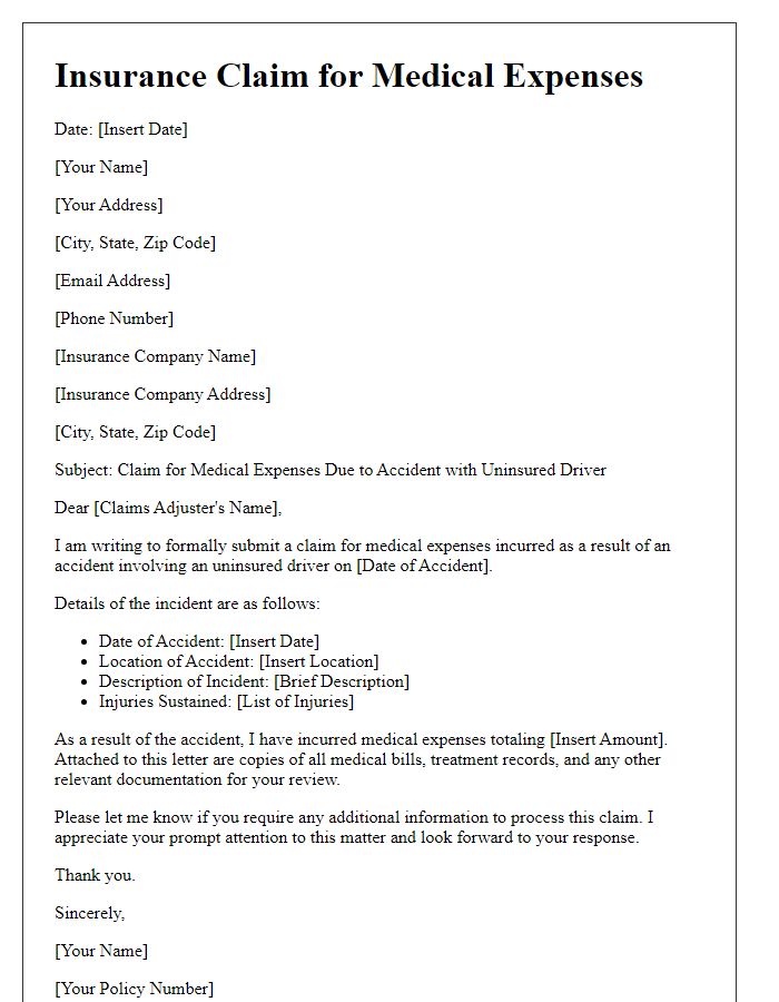 Letter template of uninsured driver insurance claim for medical expenses.