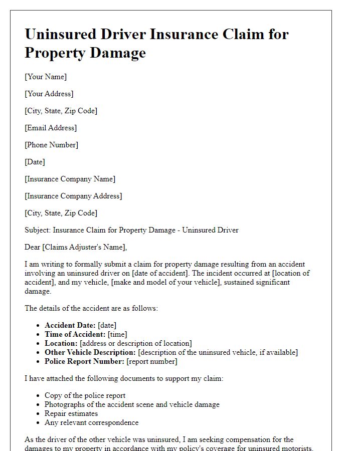 Letter template of uninsured driver insurance claim for property damage.