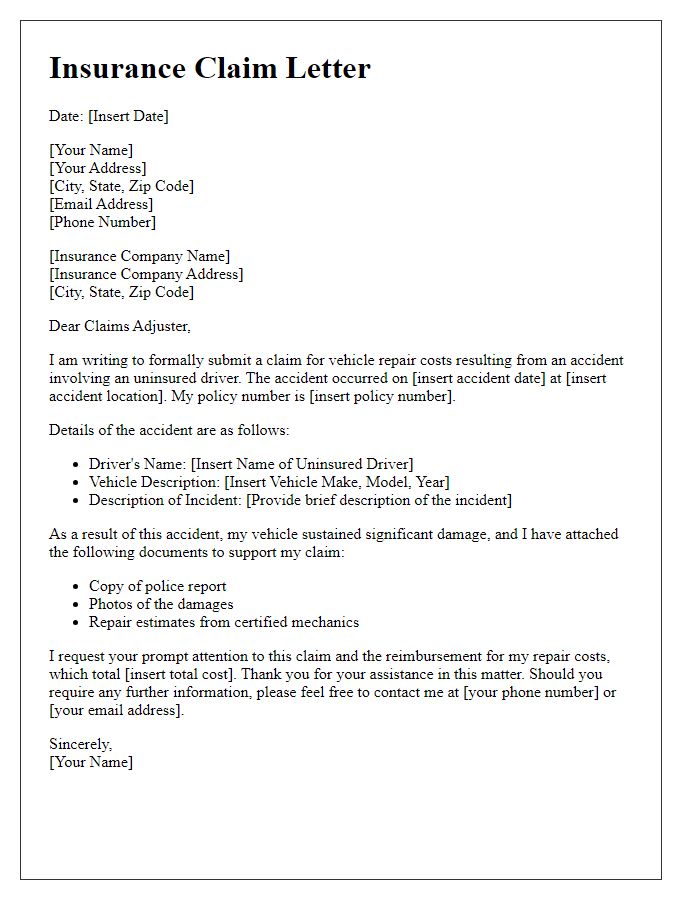 Letter template of uninsured driver insurance claim for vehicle repair costs.