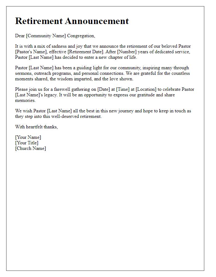 Letter template of clergy retirement announcement for community newsletter