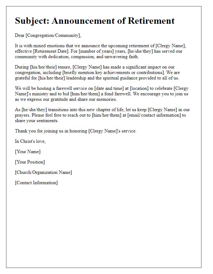 Letter template of clergy retirement communication for email distribution