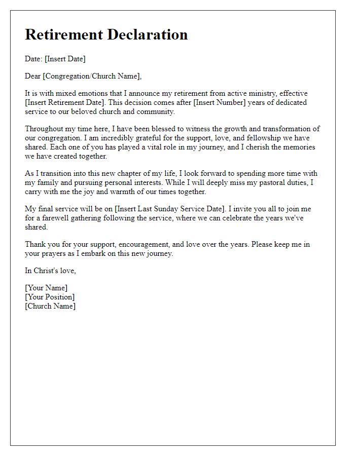 Letter template of clergy retirement declaration for church website