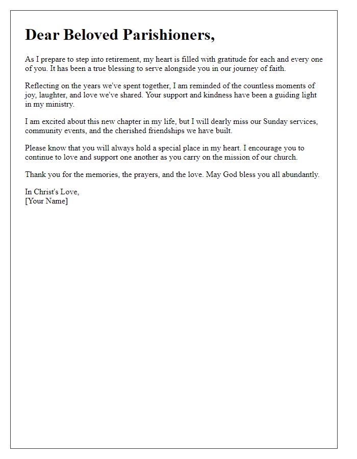 Letter template of clergy retirement farewell message to parishioners