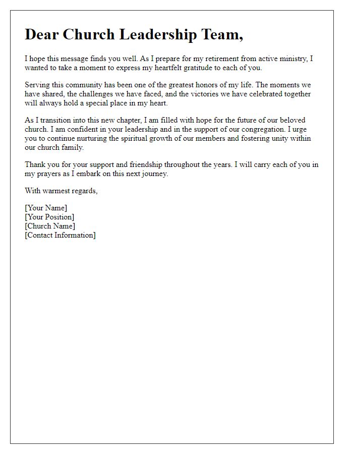 Letter template of clergy retirement message addressing church leadership