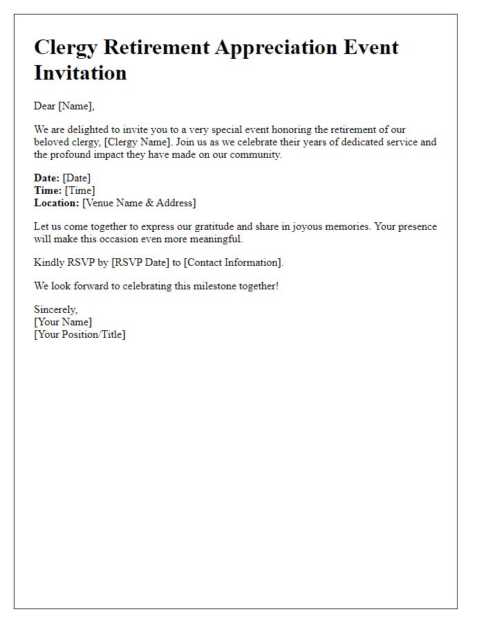 Letter template of clergy retirement note for appreciation event invitations