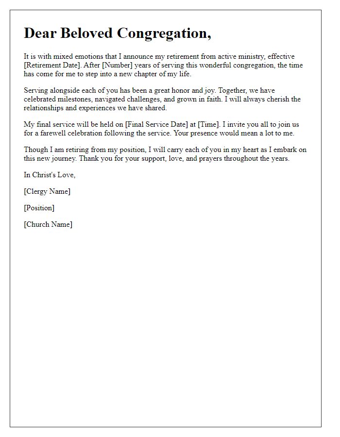 Letter template of clergy retirement notification to congregation