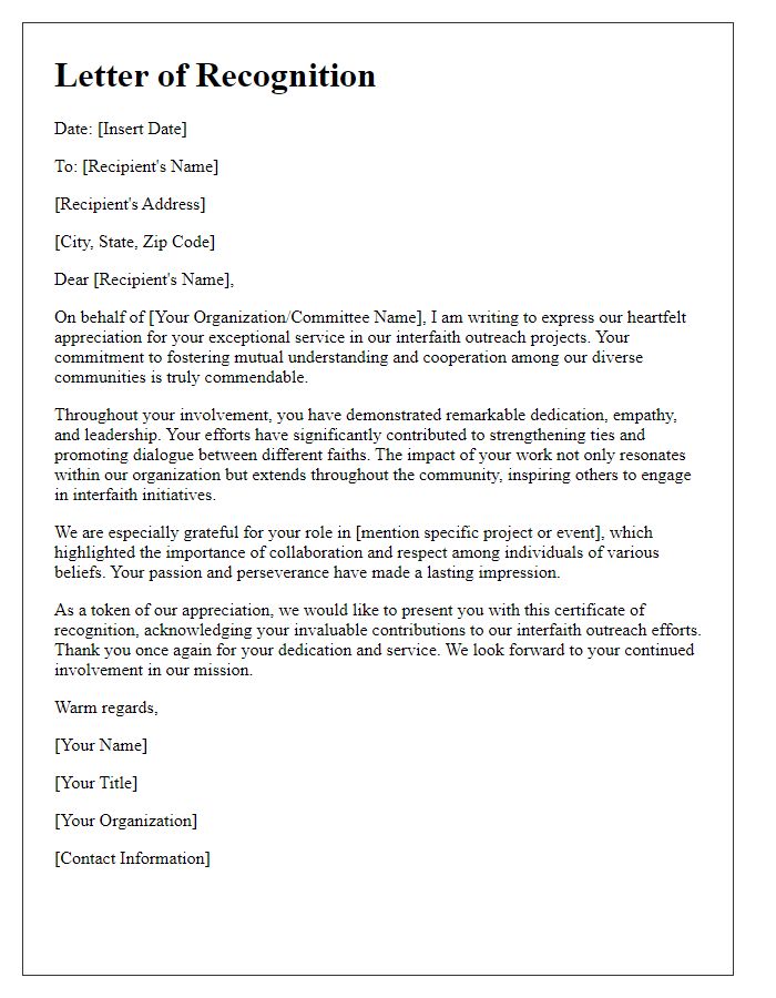 Letter template of recognition for service in interfaith outreach projects