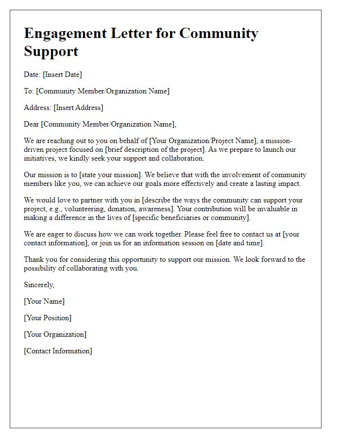 Letter template of engagement for community support for mission project