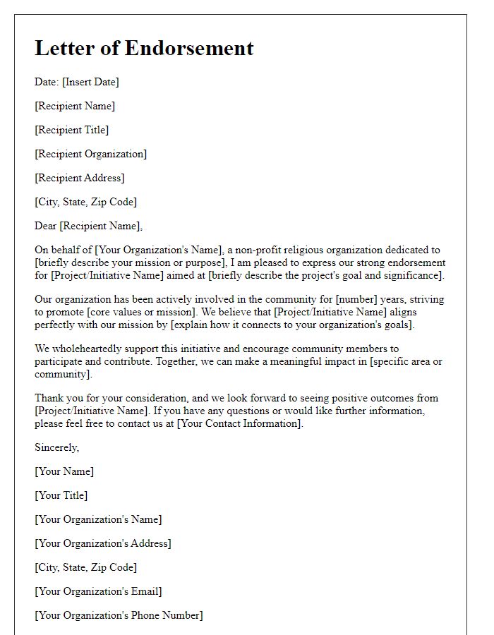 Letter template of endorsement for community support from a non-profit religious organization