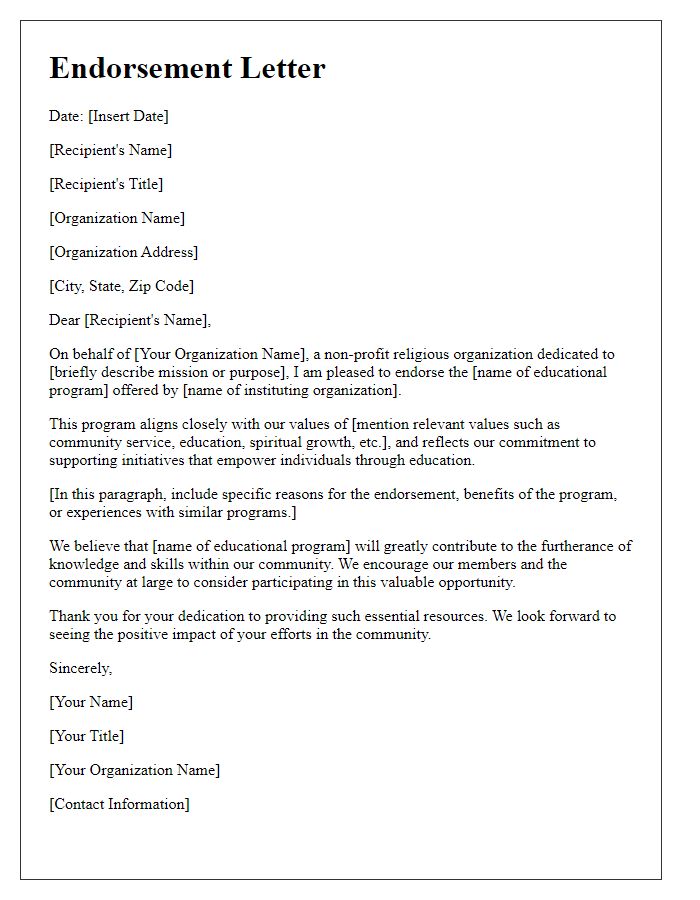 Letter template of endorsement for educational programs by a non-profit religious organization