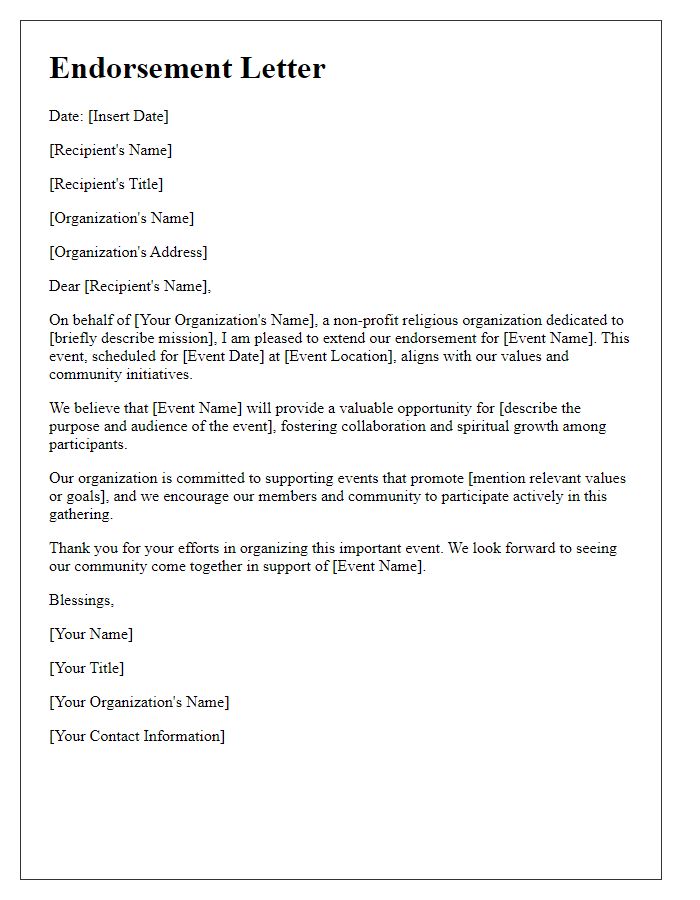 Letter template of endorsement for events and gatherings by a non-profit religious organization