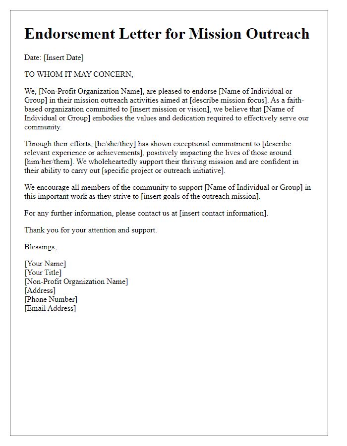 Letter template of endorsement for mission outreach from a non-profit religious organization