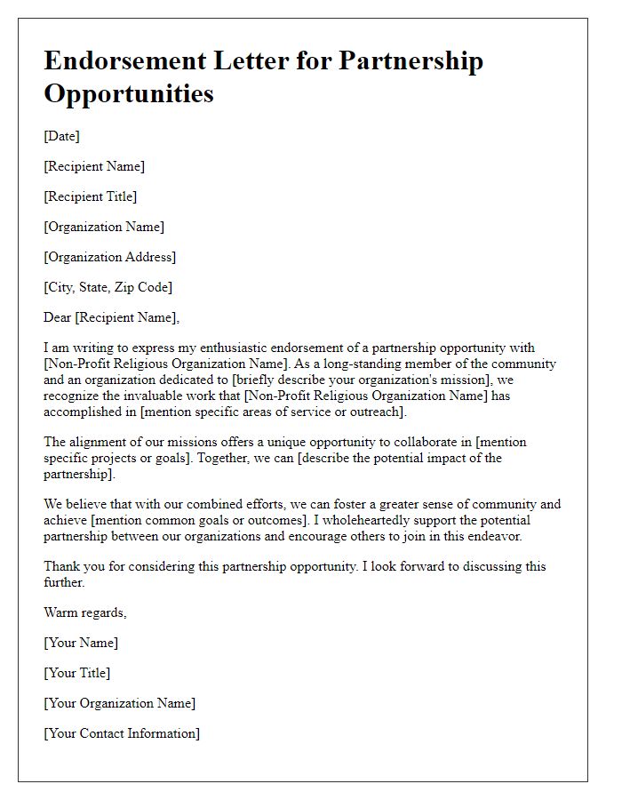 Letter template of endorsement for partnership opportunities with a non-profit religious organization