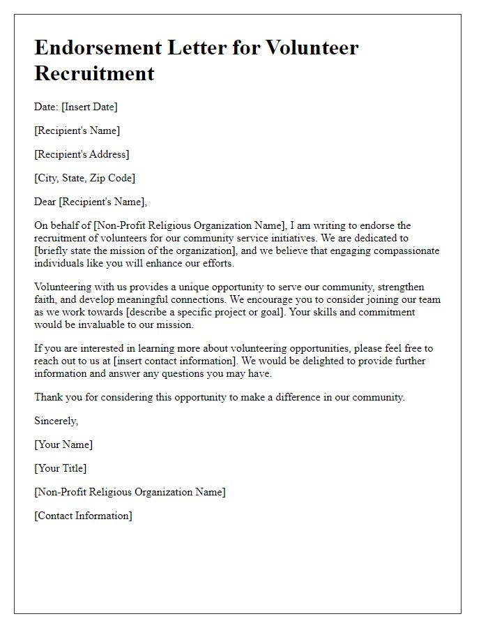 Letter template of endorsement for volunteer recruitment by a non-profit religious organization