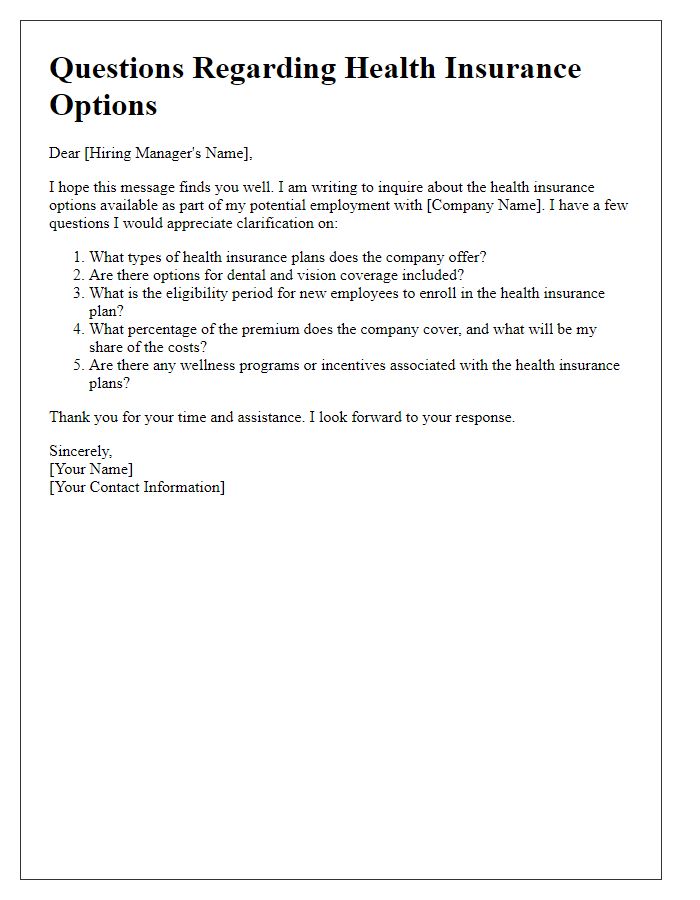 Letter template of questions about health insurance options in job application