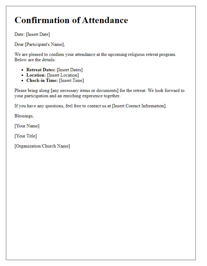 Letter template of confirmation for attendance in a religious retreat program