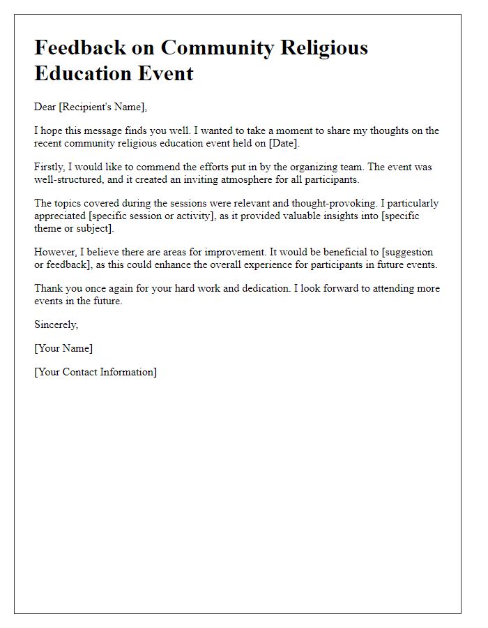 Letter template of feedback for a community religious education event