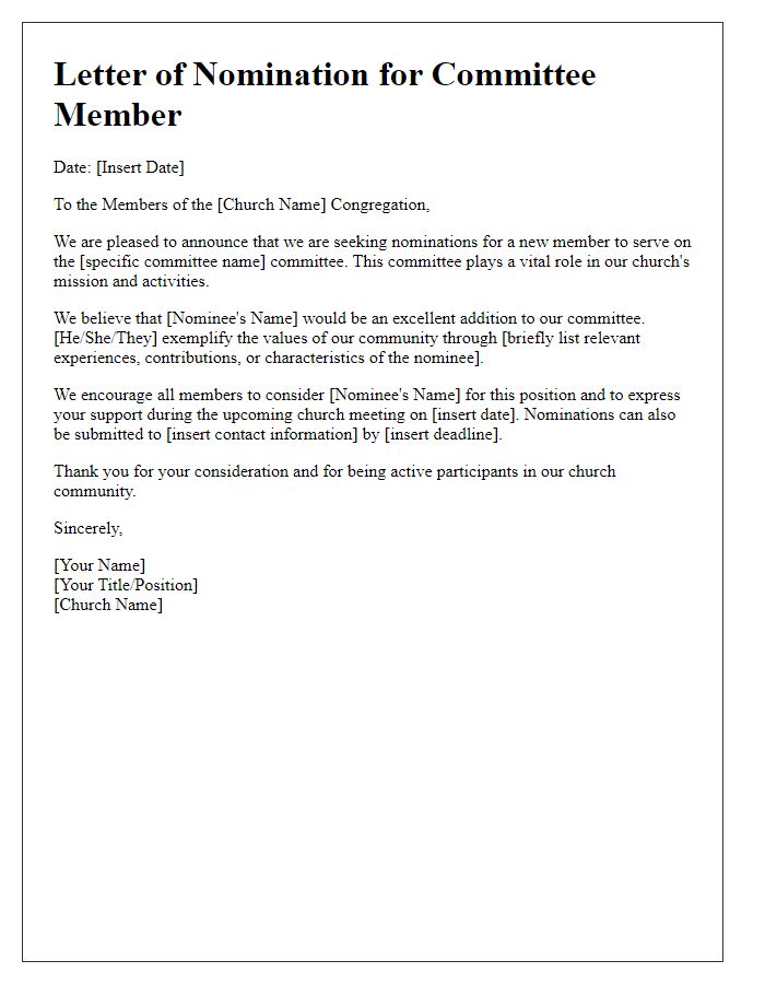 Letter template of church leadership nomination for committee member.