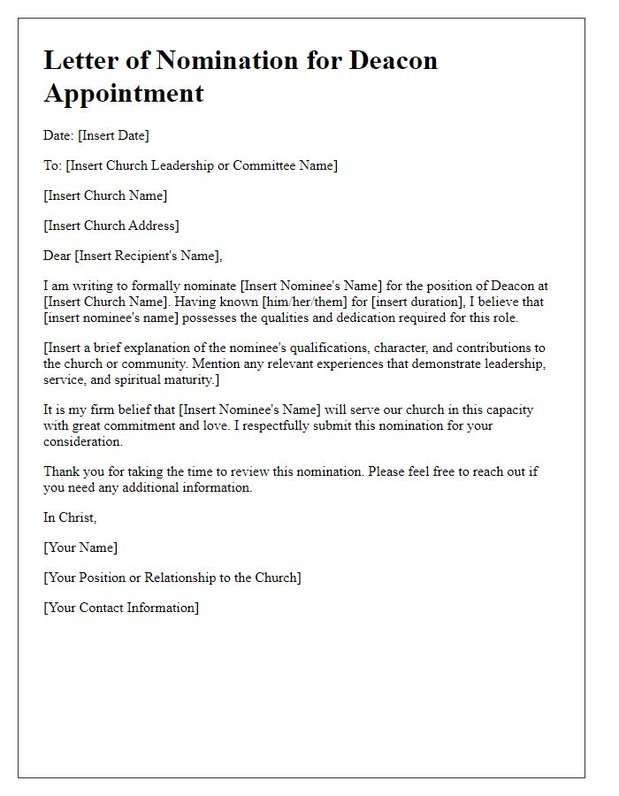 Letter template of church leadership nomination for deacon appointment.