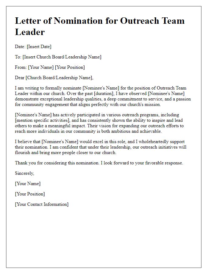 Letter template of church leadership nomination for outreach team leader.