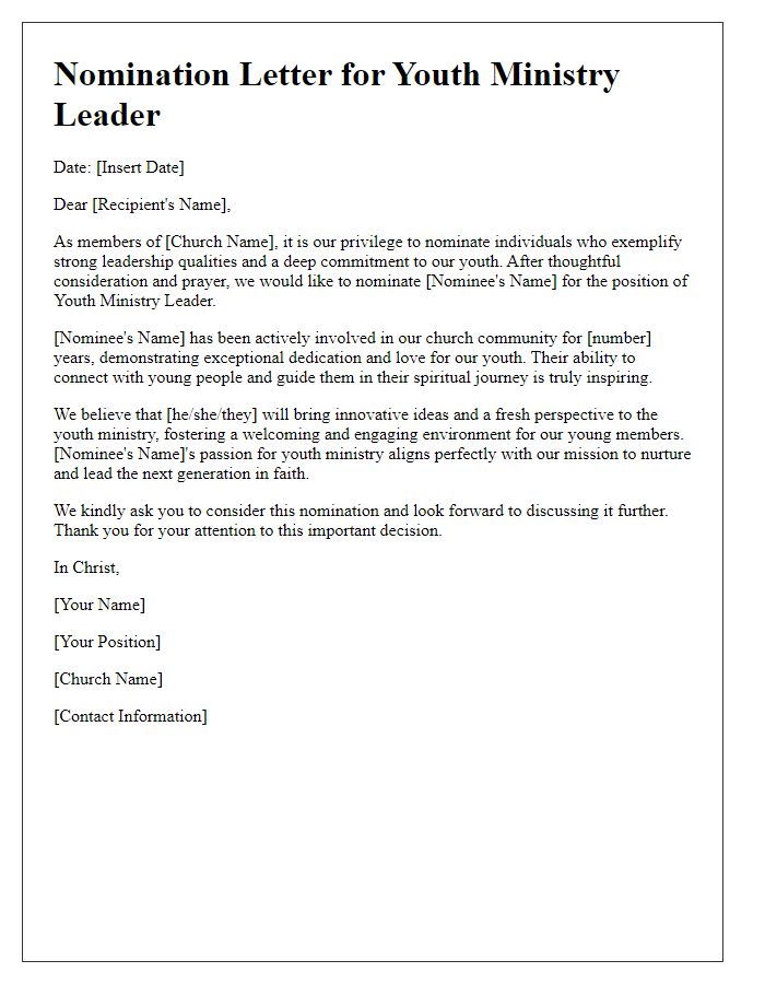 Letter template of church leadership nomination for youth ministry leader.