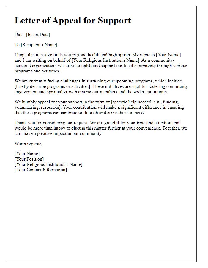 Letter template of appeal for help with religious institution activities and programs.