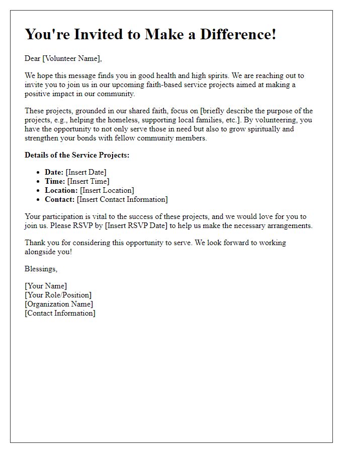 Letter template of invitation for volunteers to join our faith-based service projects.