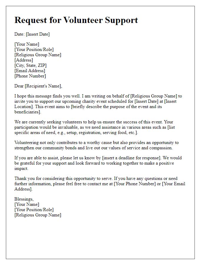 Letter template of request for volunteer support in charity events hosted by our religious group.