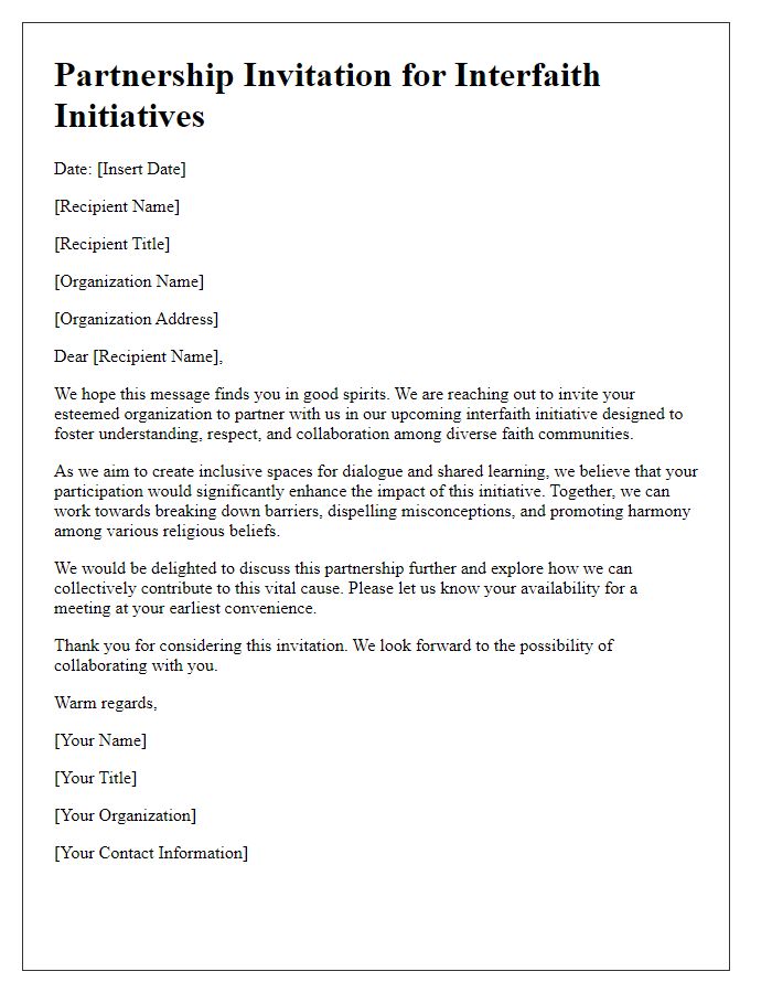 Letter template of partnership invitation for interfaith initiatives