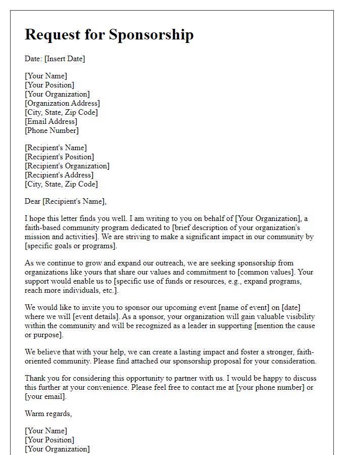 Letter template of sponsorship request for faith-based community programs.