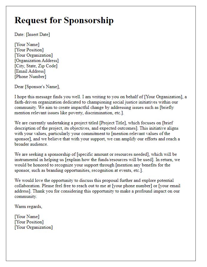 Letter template of sponsorship request for faith-driven social justice projects.