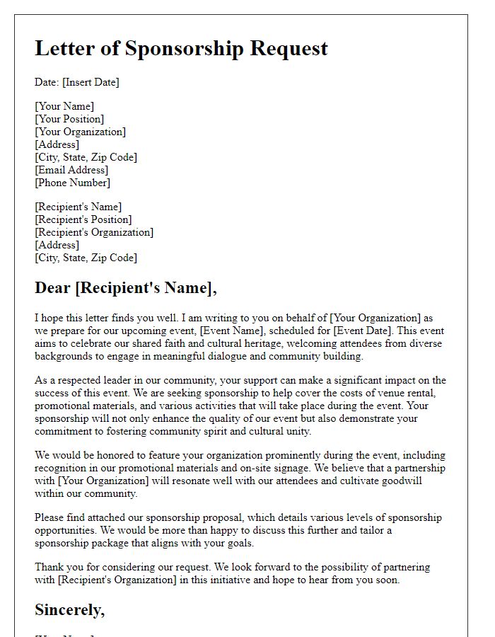 Letter template of sponsorship request for faith-related cultural events.