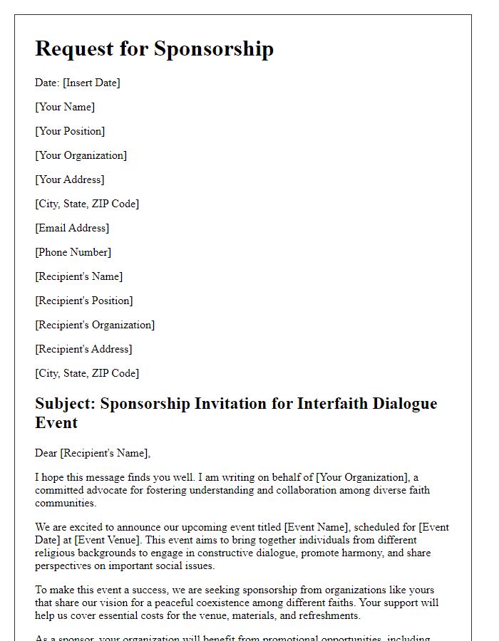 Letter template of sponsorship request for interfaith dialogue events.