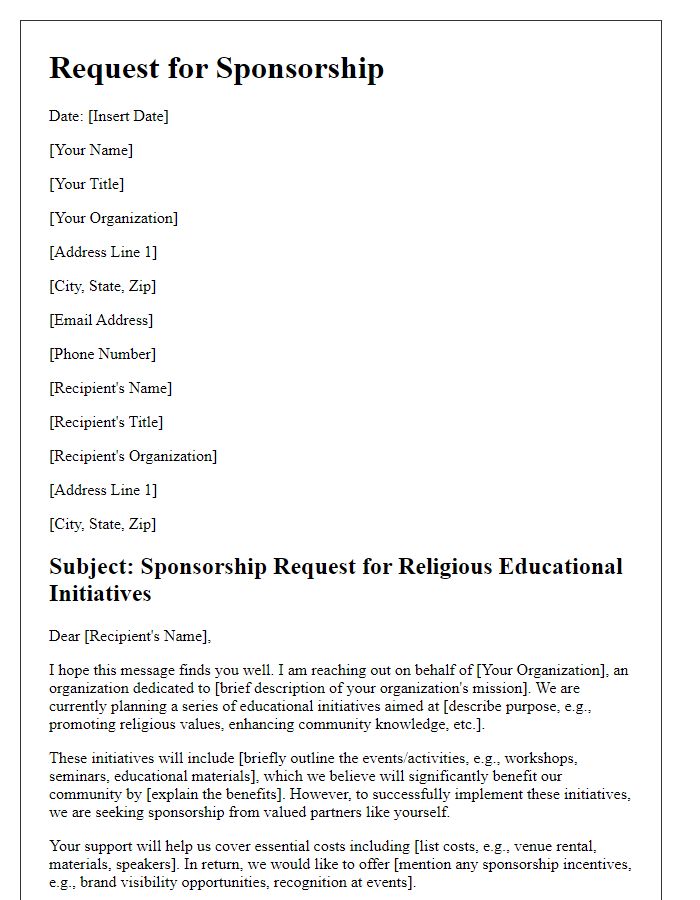 Letter template of sponsorship request for religious educational initiatives.