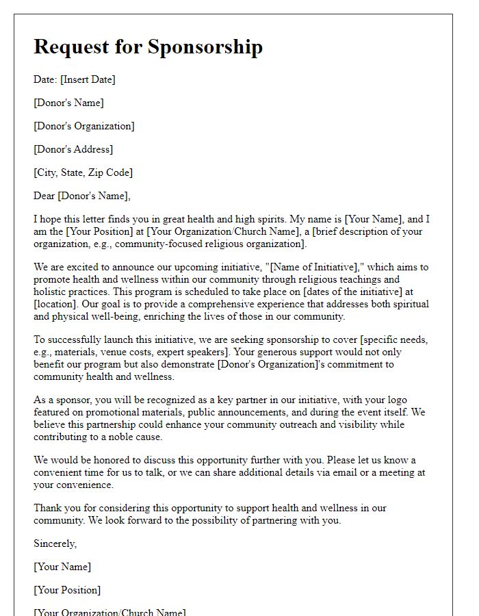 Letter template of sponsorship request for religious health and wellness initiatives.