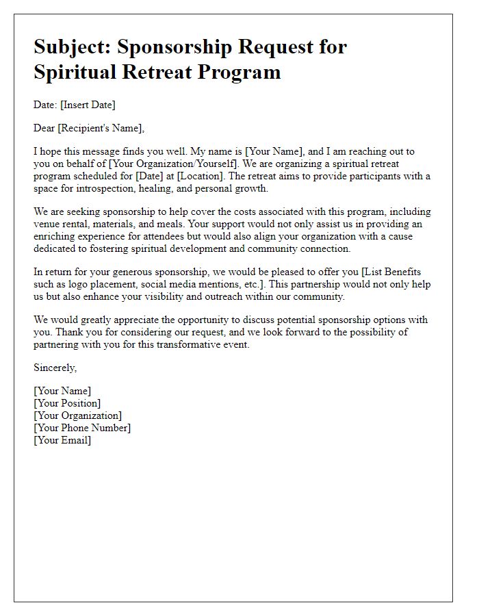 Letter template of sponsorship request for spiritual retreat programs.