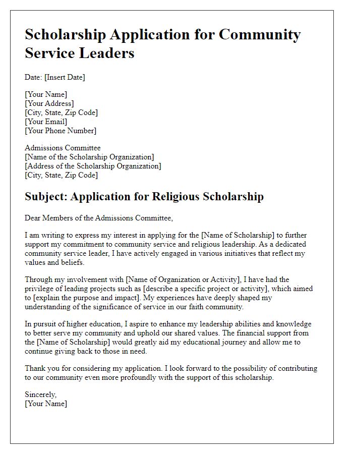 Letter template of religious scholarship application for community service leaders.