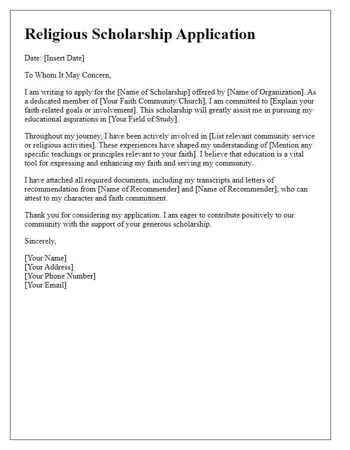 Letter template of religious scholarship application for faith-based organizations.