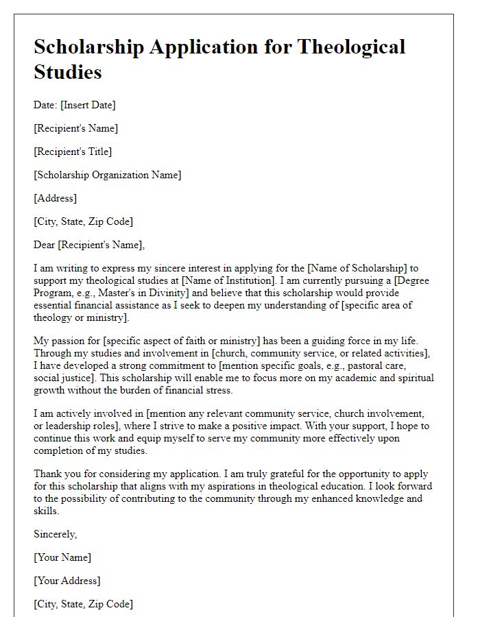 Letter template of religious scholarship application for theological studies.