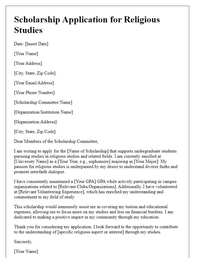 Letter template of religious scholarship application for undergraduate students.