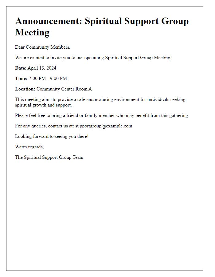 Letter template of announcement for a spiritual support group meeting.