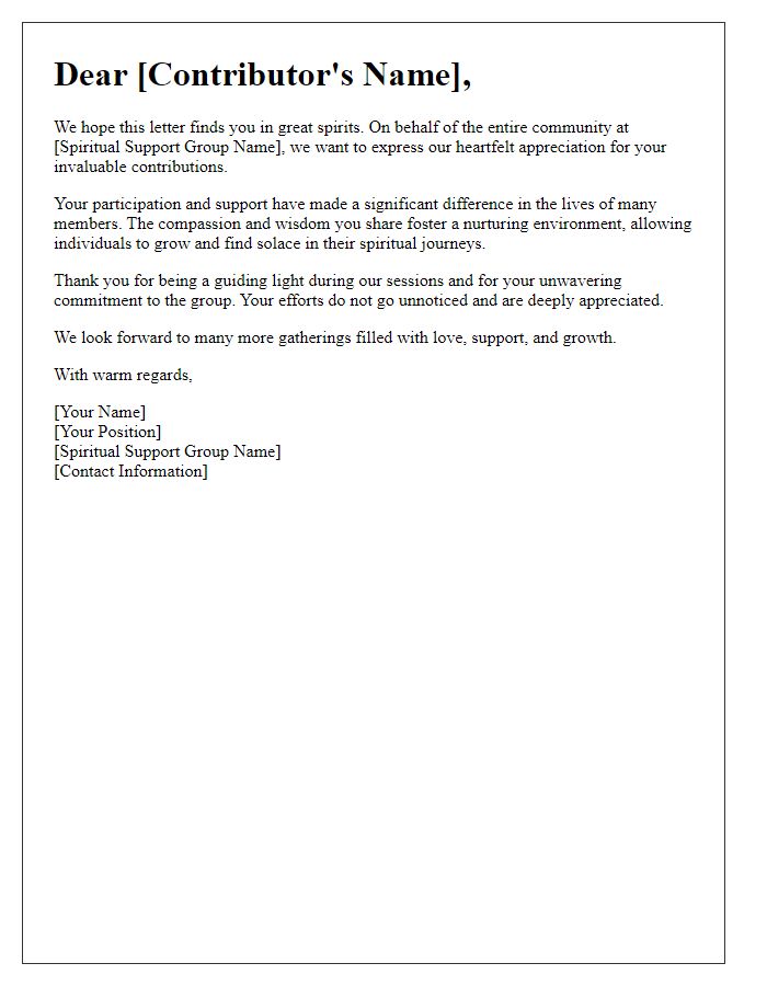 Letter template of appreciation for contributors to a spiritual support group.