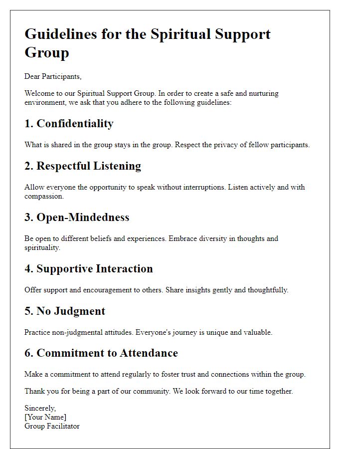 Letter template of guidelines for a spiritual support group.